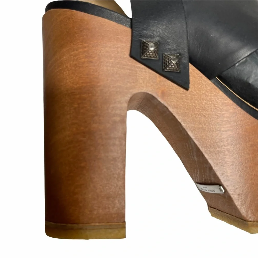 NEW Sonia Rykiel Black Leather/Wood Platforms 38